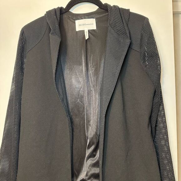 BCBGeneration Medium Open Front Women’s Hoodie Mesh Panel Solid Black EUC - Picture 3 of 12